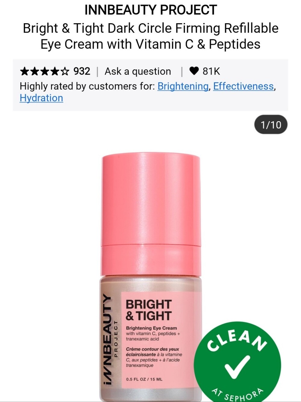 NIB INNBEAUTY PROJECT BRIGHT & TIGHT DARK CIRCLE FIRMING EYE CREAM